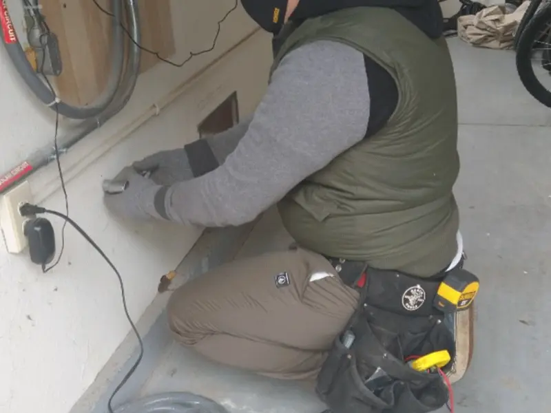 Electrician performing outlet wiring in a Houma garage